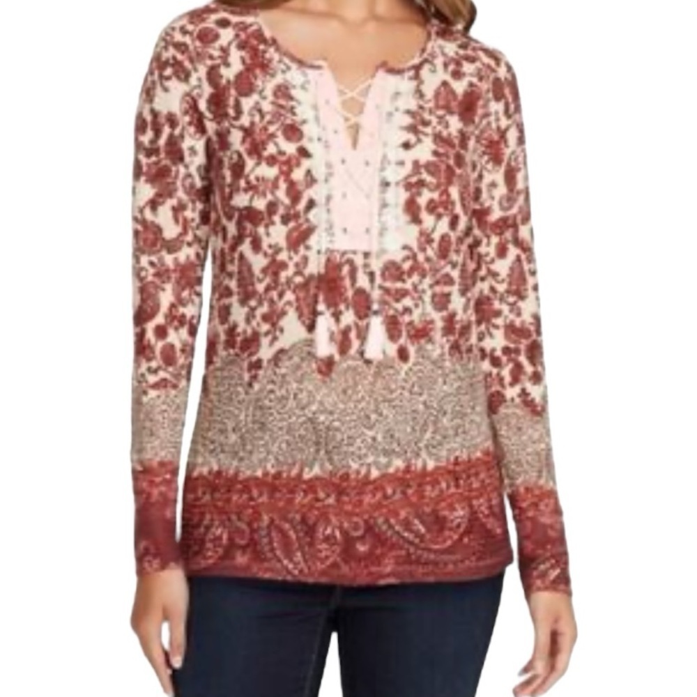 Vintage America Peasant Blouse Cream Red Print Lace-Up Neck Boho Lace Knit Sz L